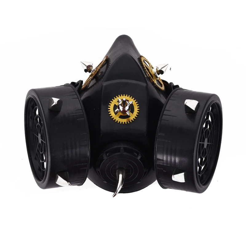 Black Respirator 2 Canisters 1 Valve Rave Steampunk Gear Rivets Mask Steam Punk Cosplay Industrial Spikes Mask Black Respirator 2 Canisters 1 Valve Rave Steampunk Gear Rivets Mask Steam Punk Cosplay Industrial Spikes Mask