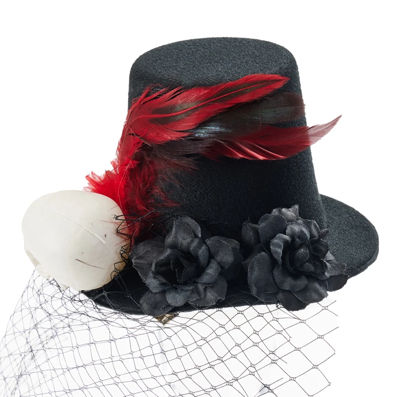 Gothic Mini Top Hat Vintage Retro Rose Skull Feather Face Tulle Small Hats Lolita Halloween Headpiece Gothic Mini Top Hat Vintage Retro Rose Skull Feather Face Tulle Small Hats Lolita Halloween Headpiece