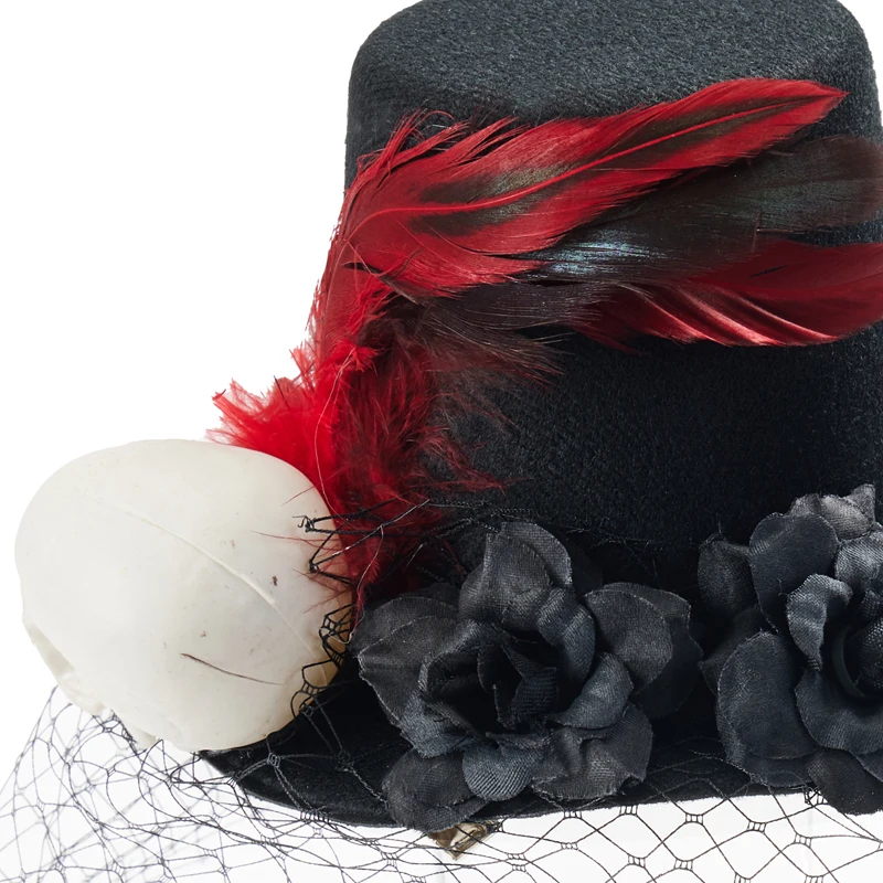 Gothic Mini Top Hat Vintage Retro Rose Skull Feather Face Tulle Small Hats Lolita Halloween Headpiece Gothic Mini Top Hat Vintage Retro Rose Skull Feather Face Tulle Small Hats Lolita Halloween Headpiece