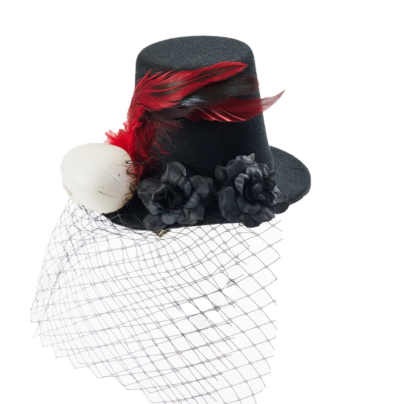 Gothic Mini Top Hat Vintage Retro Rose Skull Feather Face Tulle Small Hats Lolita Halloween Headpiece Gothic Mini Top Hat Vintage Retro Rose Skull Feather Face Tulle Small Hats Lolita Halloween Headpiece