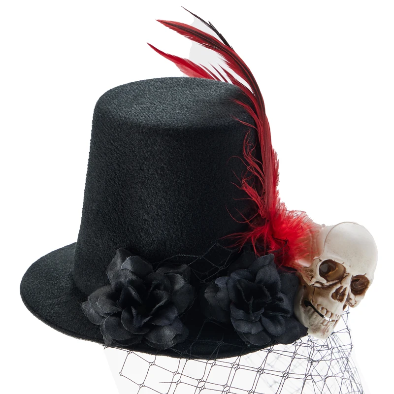 Gothic Mini Top Hat Vintage Retro Rose Skull Feather Face Tulle Small Hats Lolita Halloween Headpiece Gothic Mini Top Hat Vintage Retro Rose Skull Feather Face Tulle Small Hats Lolita Halloween Headpiece