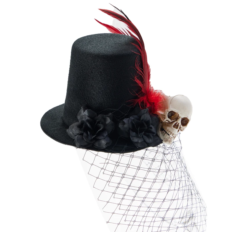 Gothic Mini Top Hat Vintage Retro Rose Skull Feather Face Tulle Small Hats Lolita Halloween Headpiece Gothic Mini Top Hat Vintage Retro Rose Skull Feather Face Tulle Small Hats Lolita Halloween Headpiece