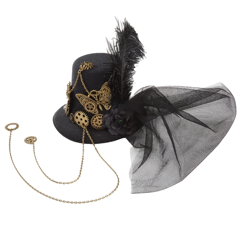 Gothic Punk Black Mini Top Hat Hairpin Women Butterfly Gears Chain Veil Hats Fascinator Costume Headpiece Gothic Punk Black Mini Top Hat Hairpin Women Butterfly Gears Chain Veil Hats Fascinator Costume Headpiece