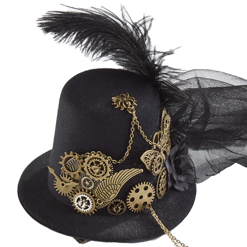 Gothic Punk Black Mini Top Hat Hairpin Women Butterfly Gears Chain Veil Hats Fascinator Costume Headpiece Gothic Punk Black Mini Top Hat Hairpin Women Butterfly Gears Chain Veil Hats Fascinator Costume Headpiece