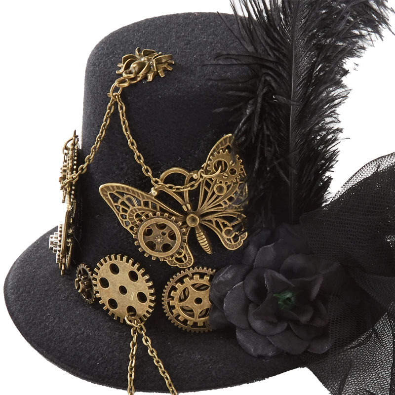 Gothic Punk Black Mini Top Hat Hairpin Women Butterfly Gears Chain Veil Hats Fascinator Costume Headpiece Gothic Punk Black Mini Top Hat Hairpin Women Butterfly Gears Chain Veil Hats Fascinator Costume Headpiece