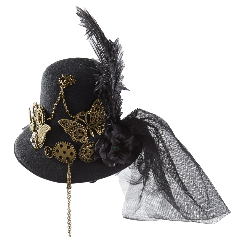 Gothic Punk Black Mini Top Hat Hairpin Women Butterfly Gears Chain Veil Hats Fascinator Costume Headpiece Gothic Punk Black Mini Top Hat Hairpin Women Butterfly Gears Chain Veil Hats Fascinator Costume Headpiece