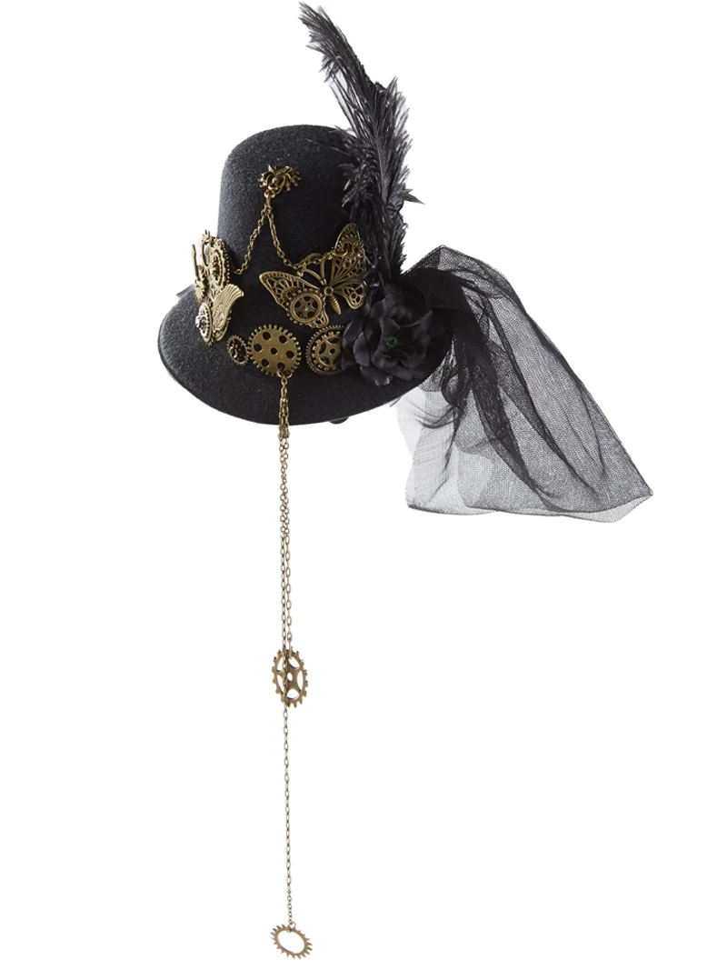 Gothic Punk Black Mini Top Hat Hairpin Women Butterfly Gears Chain Veil Hats Fascinator Costume Headpiece Gothic Punk Black Mini Top Hat Hairpin Women Butterfly Gears Chain Veil Hats Fascinator Costume Headpiece