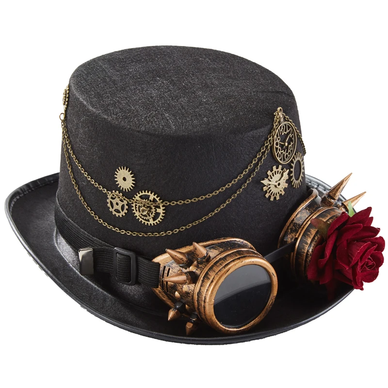 Gothic Retro Hat Steampunk Rose Gears Chains Top Hat Vintage Goggles Fedora For Party Gothic Retro Hat Steampunk Rose Gears Chains Top Hat Vintage Goggles Fedora For Party