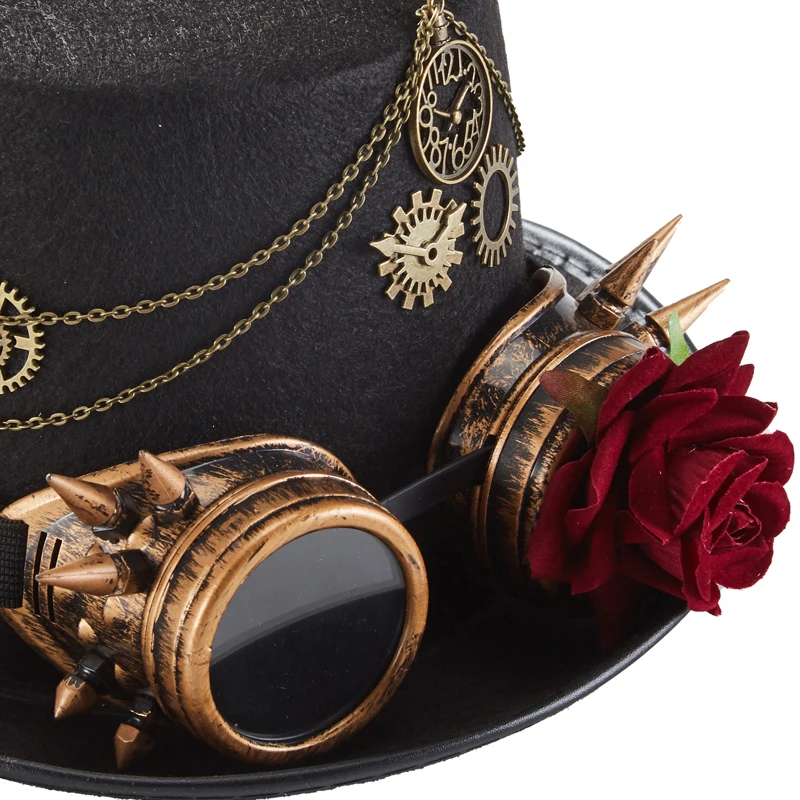 Gothic Retro Hat Steampunk Rose Gears Chains Top Hat Vintage Goggles Fedora For Party Gothic Retro Hat Steampunk Rose Gears Chains Top Hat Vintage Goggles Fedora For Party