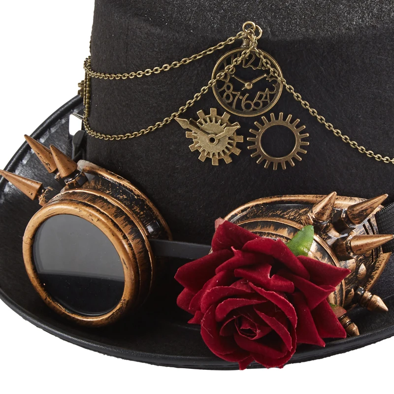 Gothic Retro Hat Steampunk Rose Gears Chains Top Hat Vintage Goggles Fedora For Party Gothic Retro Hat Steampunk Rose Gears Chains Top Hat Vintage Goggles Fedora For Party
