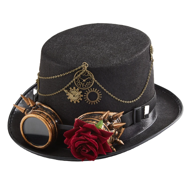 Gothic Retro Hat Steampunk Rose Gears Chains Top Hat Vintage Goggles Fedora For Party Gothic Retro Hat Steampunk Rose Gears Chains Top Hat Vintage Goggles Fedora For Party