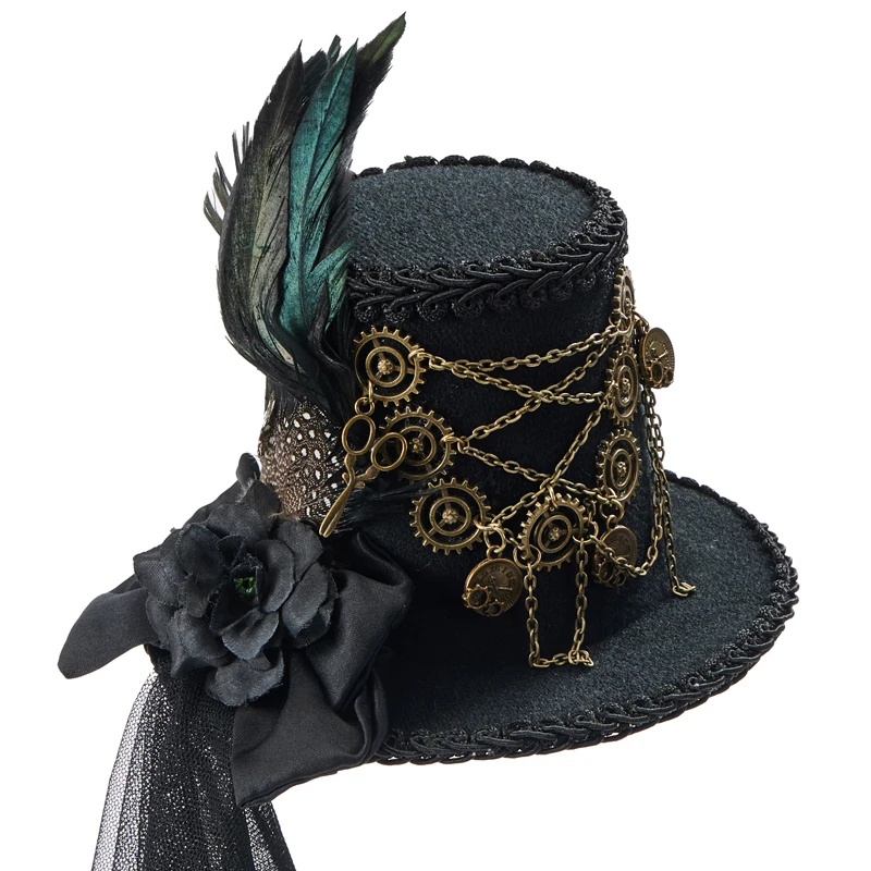 Halloween Punk Mini Top Hat Steampunk Gears Chain Feather Bowknot Small Hats Cosplay Hair Clip Halloween Punk Mini Top Hat Steampunk Gears Chain Feather Bowknot Small Hats Cosplay Hair Clip