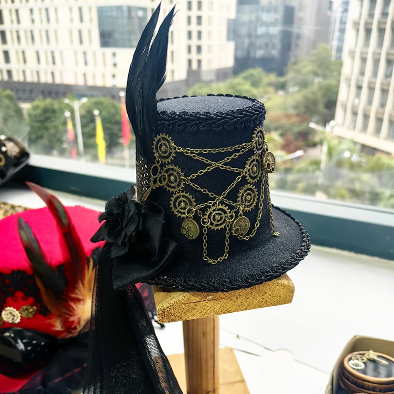 Halloween Punk Mini Top Hat Steampunk Gears Chain Feather Bowknot Small Hats Cosplay Hair Clip Halloween Punk Mini Top Hat Steampunk Gears Chain Feather Bowknot Small Hats Cosplay Hair Clip