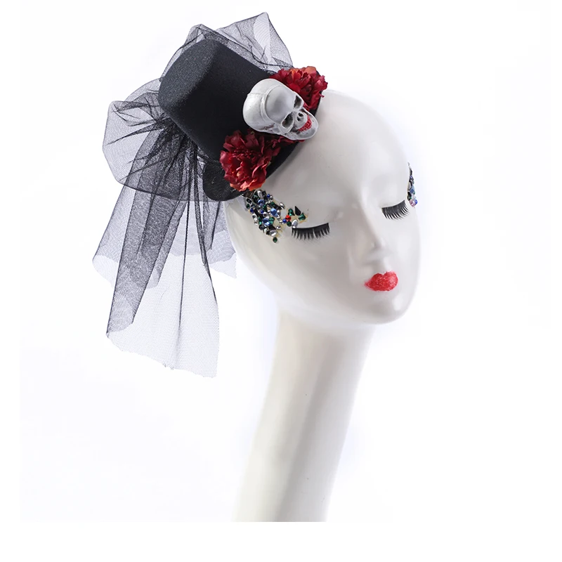 Hats Steam Punk Mini Top Hat Women Fedora With Skull Hair Clip Lolita Vintage Hat Flowers Hair Accessories For Women Halloween Hats Steam Punk Mini Top Hat Women Fedora With Skull Hair Clip Lolita Vintage Hat Flowers Hair Accessories For Women Halloween