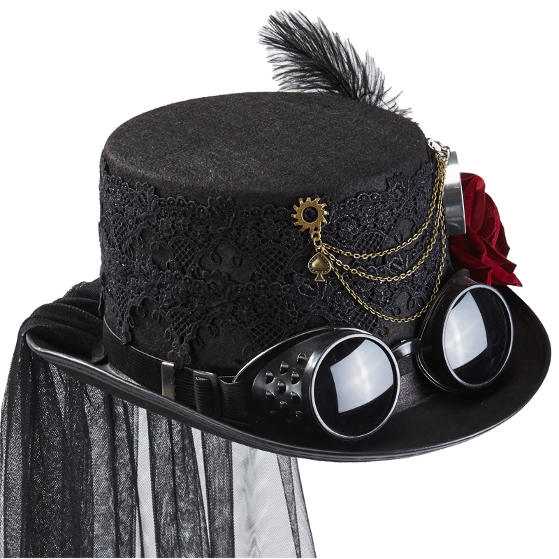 Men Women Cosplay Hat Steampunk Top Hats Magic Hat Punk Gear Chains Rose fedora With Veil Men Women Cosplay Hat Steampunk Top Hats Magic Hat Punk Gear Chains Rose fedora With Veil