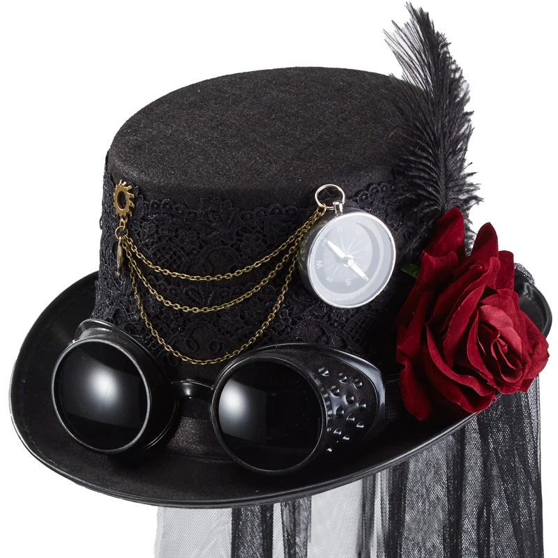 Men Women Cosplay Hat Steampunk Top Hats Magic Hat Punk Gear Chains Rose fedora With Veil Men Women Cosplay Hat Steampunk Top Hats Magic Hat Punk Gear Chains Rose fedora With Veil