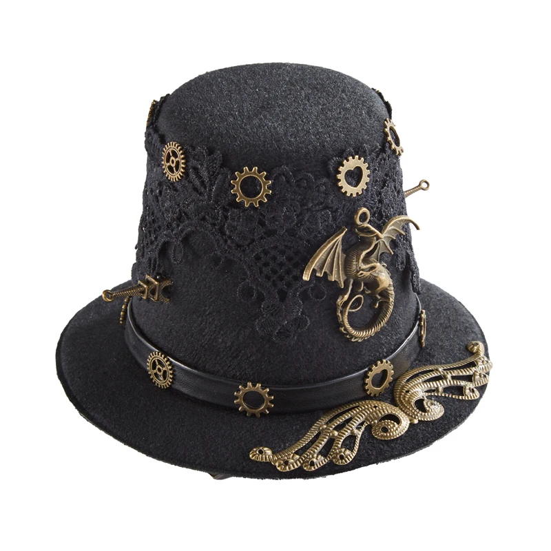 Punk Gears Mini Hat Gothic Dragon Lace Steampunk Little Top Hat Hairpin Party Halloween Christmas Porforming Prop Punk Gears Mini Hat Gothic Dragon Lace Steampunk Little Top Hat Hairpin Party Halloween Christmas Porforming Prop