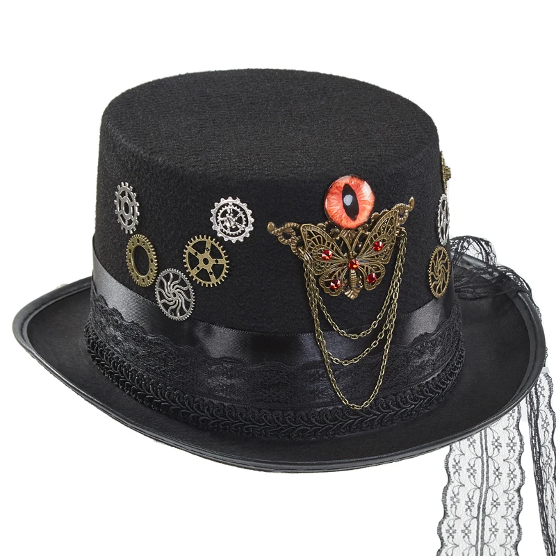 Retro Gothic Top Hat Men Women Lace Gears Evil Eye Chains Party Fedora Halloween Cosplay Fancy Dress Retro Gothic Top Hat Men Women Lace Gears Evil Eye Chains Party Fedora Halloween Cosplay Fancy Dress