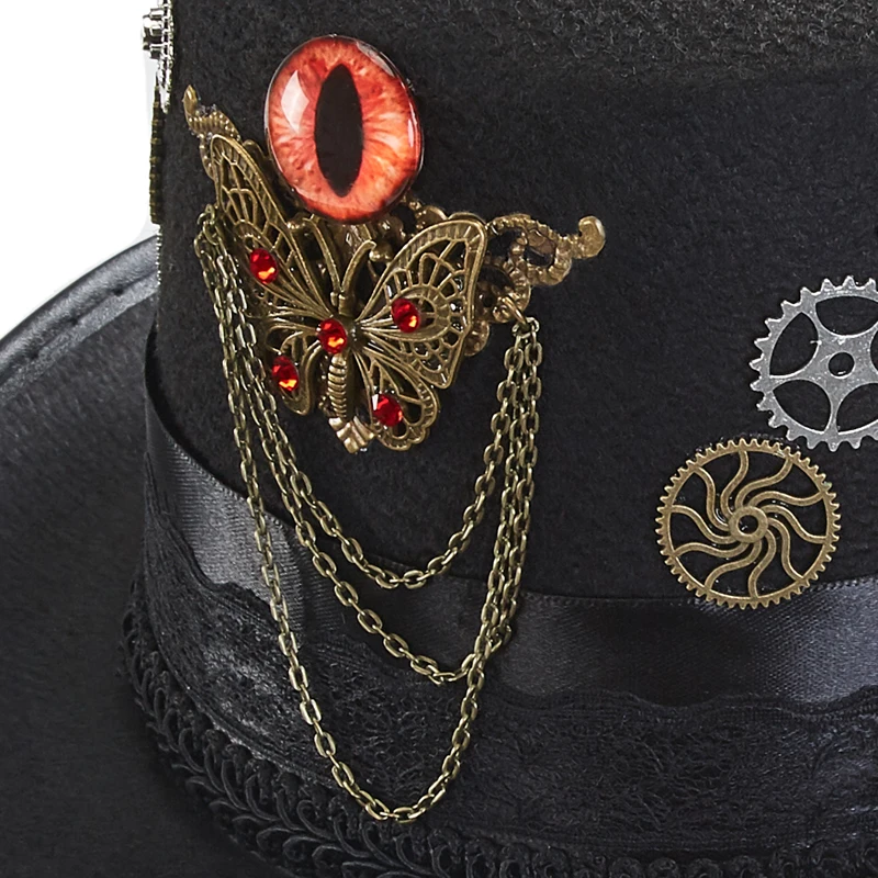 Retro Gothic Top Hat Men Women Lace Gears Evil Eye Chains Party Fedora Halloween Cosplay Fancy Dress Retro Gothic Top Hat Men Women Lace Gears Evil Eye Chains Party Fedora Halloween Cosplay Fancy Dress