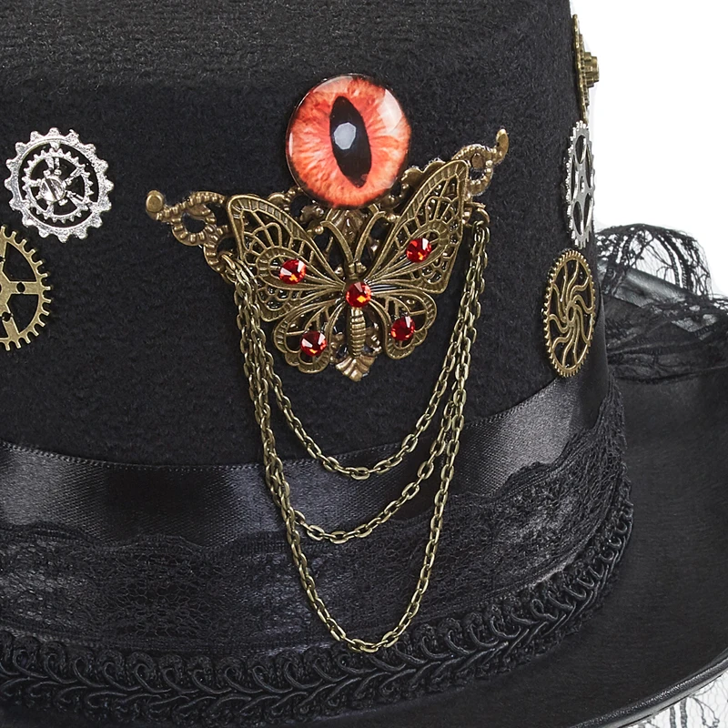 Retro Gothic Top Hat Men Women Lace Gears Evil Eye Chains Party Fedora Halloween Cosplay Fancy Dress Retro Gothic Top Hat Men Women Lace Gears Evil Eye Chains Party Fedora Halloween Cosplay Fancy Dress