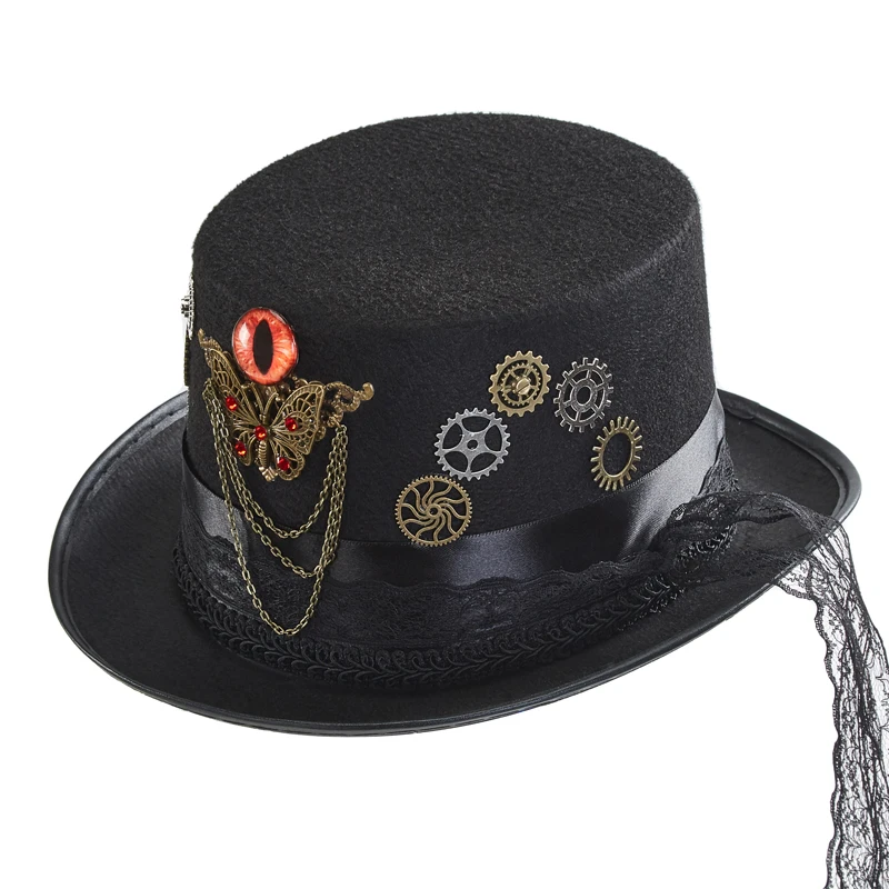 Retro Gothic Top Hat Men Women Lace Gears Evil Eye Chains Party Fedora Halloween Cosplay Fancy Dress Retro Gothic Top Hat Men Women Lace Gears Evil Eye Chains Party Fedora Halloween Cosplay Fancy Dress