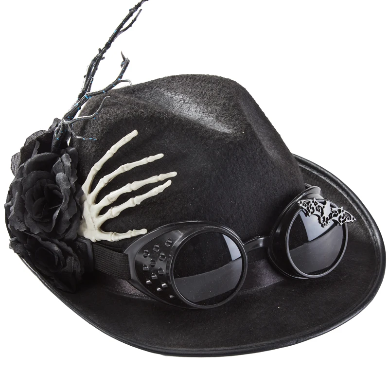 Steampunk Black Hat Retro Goggles Top Hat Skeleton Hand Decors Roses Fedora Hats for Halloween Party Steampunk Black Hat Retro Goggles Top Hat Skeleton Hand Decors Roses Fedora Hats for Halloween Party