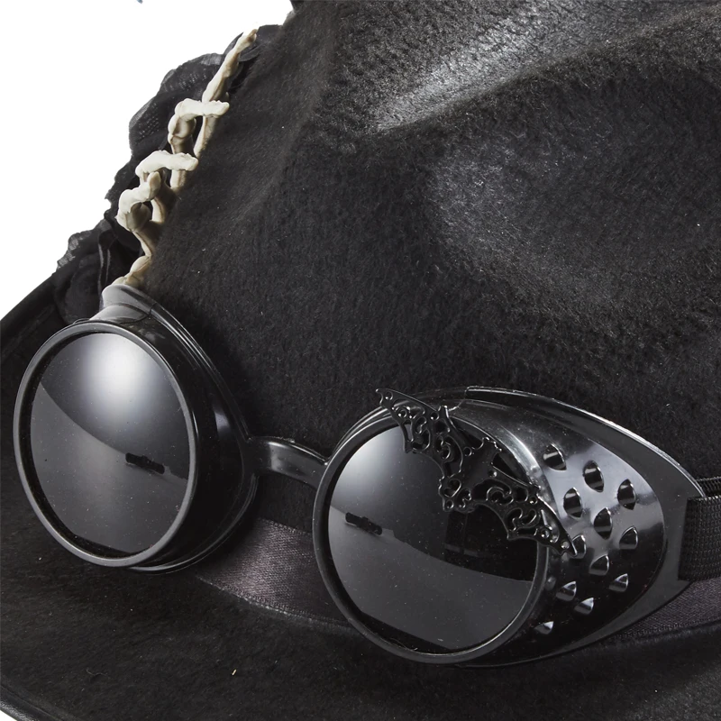 Steampunk Black Hat Retro Goggles Top Hat Skeleton Hand Decors Roses Fedora Hats for Halloween Party Steampunk Black Hat Retro Goggles Top Hat Skeleton Hand Decors Roses Fedora Hats for Halloween Party