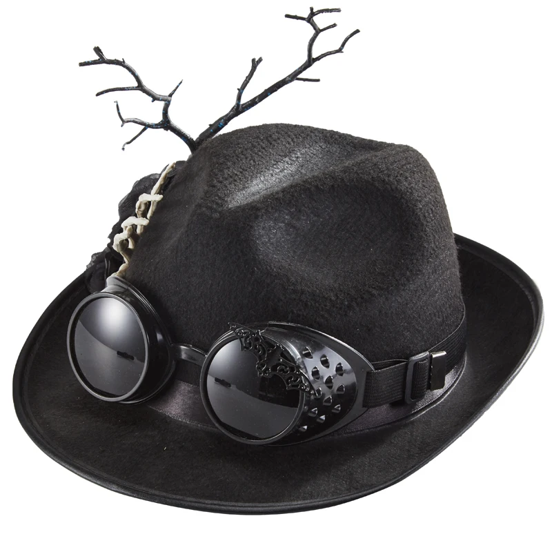 Steampunk Black Hat Retro Goggles Top Hat Skeleton Hand Decors Roses Fedora Hats for Halloween Party Steampunk Black Hat Retro Goggles Top Hat Skeleton Hand Decors Roses Fedora Hats for Halloween Party