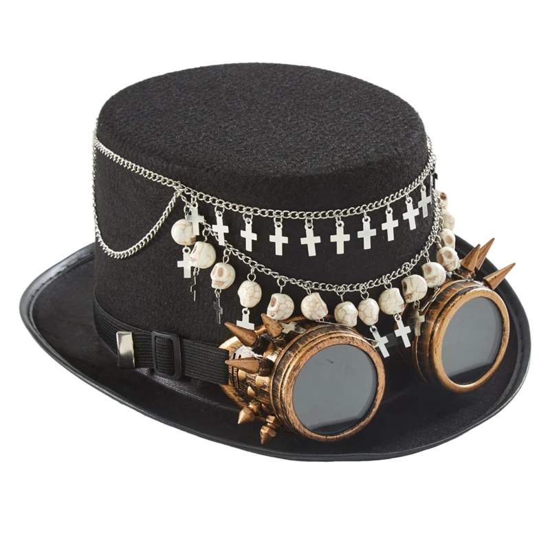 Steampunk Cross Magician Hat With Glasses Gothic Vintage Skulls Black Top Hat Halloween Women Men Fedora Chains Steampunk Cross Magician Hat With Glasses Gothic Vintage Skulls Black Top Hat Halloween Women Men Fedora Chains