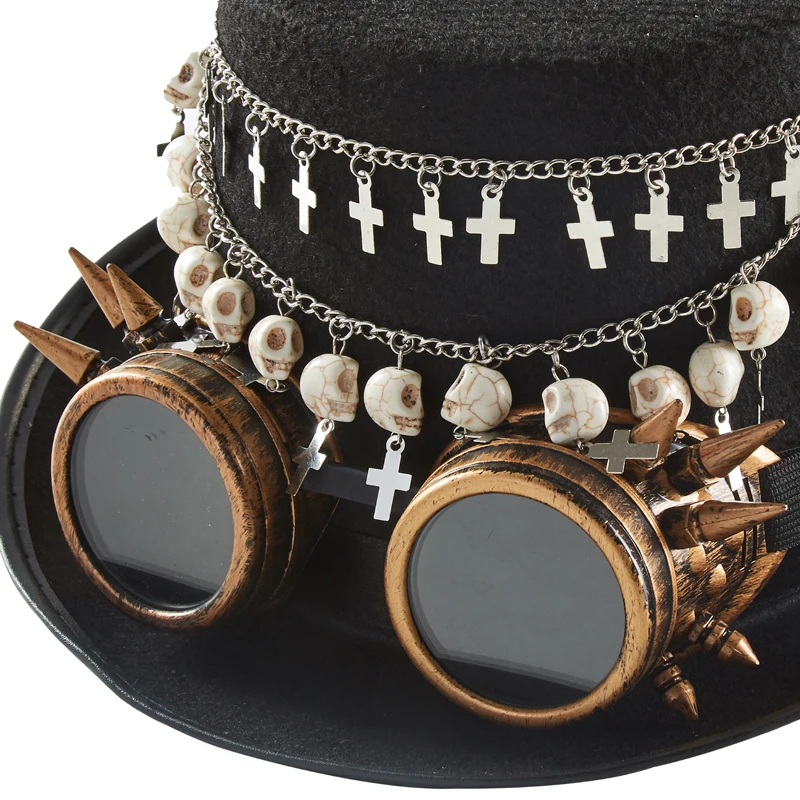Steampunk Cross Magician Hat With Glasses Gothic Vintage Skulls Black Top Hat Halloween Women Men Fedora Chains Steampunk Cross Magician Hat With Glasses Gothic Vintage Skulls Black Top Hat Halloween Women Men Fedora Chains
