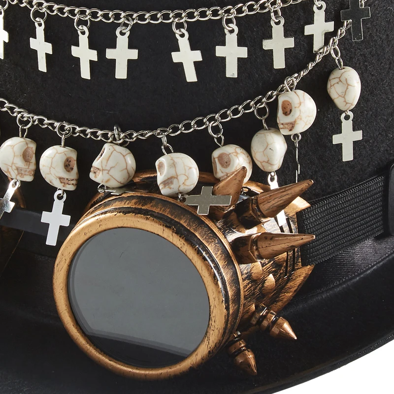 Steampunk Cross Magician Hat With Glasses Gothic Vintage Skulls Black Top Hat Halloween Women Men Fedora Chains Steampunk Cross Magician Hat With Glasses Gothic Vintage Skulls Black Top Hat Halloween Women Men Fedora Chains