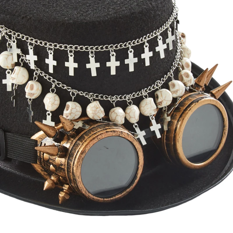 Steampunk Cross Magician Hat With Glasses Gothic Vintage Skulls Black Top Hat Halloween Women Men Fedora Chains Steampunk Cross Magician Hat With Glasses Gothic Vintage Skulls Black Top Hat Halloween Women Men Fedora Chains