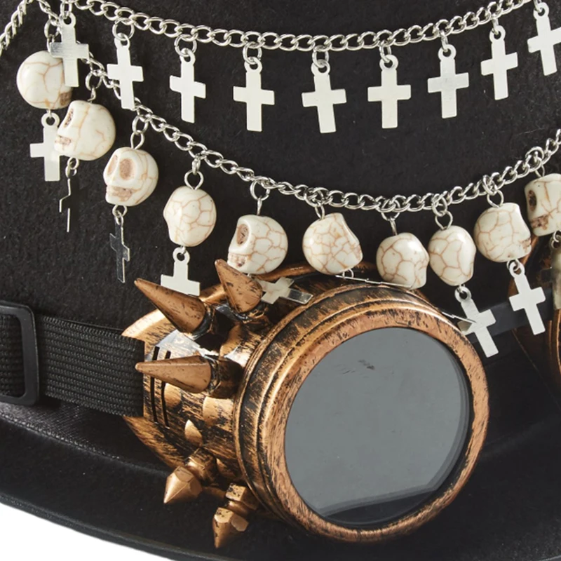 Steampunk Cross Magician Hat With Glasses Gothic Vintage Skulls Black Top Hat Halloween Women Men Fedora Chains Steampunk Cross Magician Hat With Glasses Gothic Vintage Skulls Black Top Hat Halloween Women Men Fedora Chains