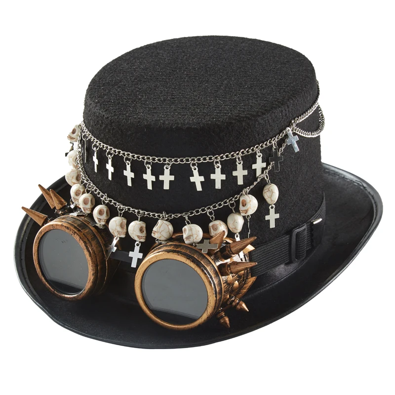 Steampunk Cross Magician Hat With Glasses Gothic Vintage Skulls Black Top Hat Halloween Women Men Fedora Chains Steampunk Cross Magician Hat With Glasses Gothic Vintage Skulls Black Top Hat Halloween Women Men Fedora Chains