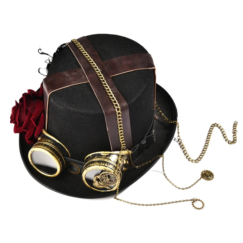Steampunk DIY Fedora Hat Punk Leather Belt Chains Rose Top Hat With Glasses Women Gothic Gear Fedoras Hat For Men Millinery Steampunk DIY Fedora Hat Punk Leather Belt Chains Rose Top Hat With Glasses Women Gothic Gear Fedoras Hat For Men Millinery