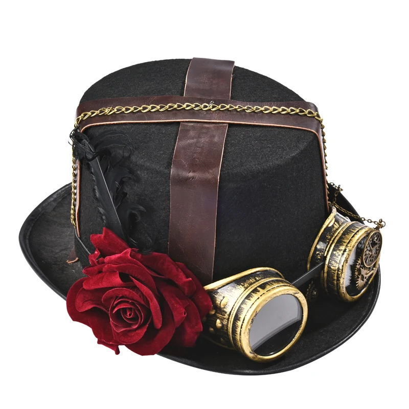 Steampunk DIY Fedora Hat Punk Leather Belt Chains Rose Top Hat With Glasses Women Gothic Gear Fedoras Hat For Men Millinery Steampunk DIY Fedora Hat Punk Leather Belt Chains Rose Top Hat With Glasses Women Gothic Gear Fedoras Hat For Men Millinery