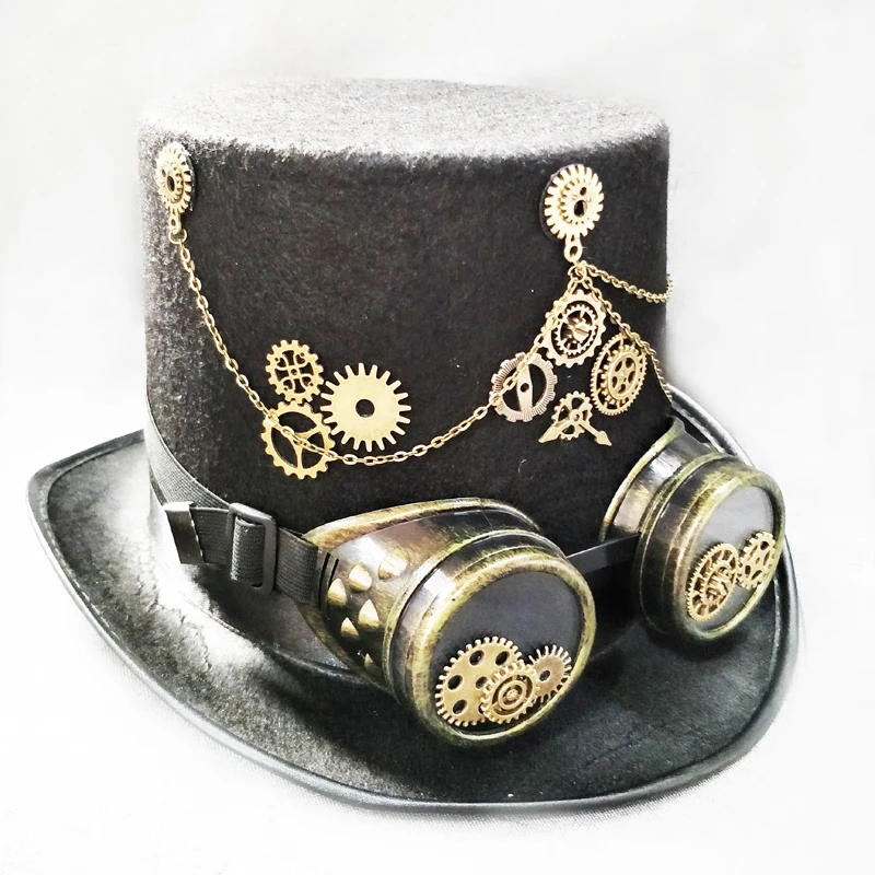 Steampunk Gothic Fedora Hat With Depatchable Retro Glasses Punk Gears Chains Gentleman Top Hat Fashion Show Steampunk Gothic Fedora Hat With Depatchable Retro Glasses Punk Gears Chains Gentleman Top Hat Fashion Show