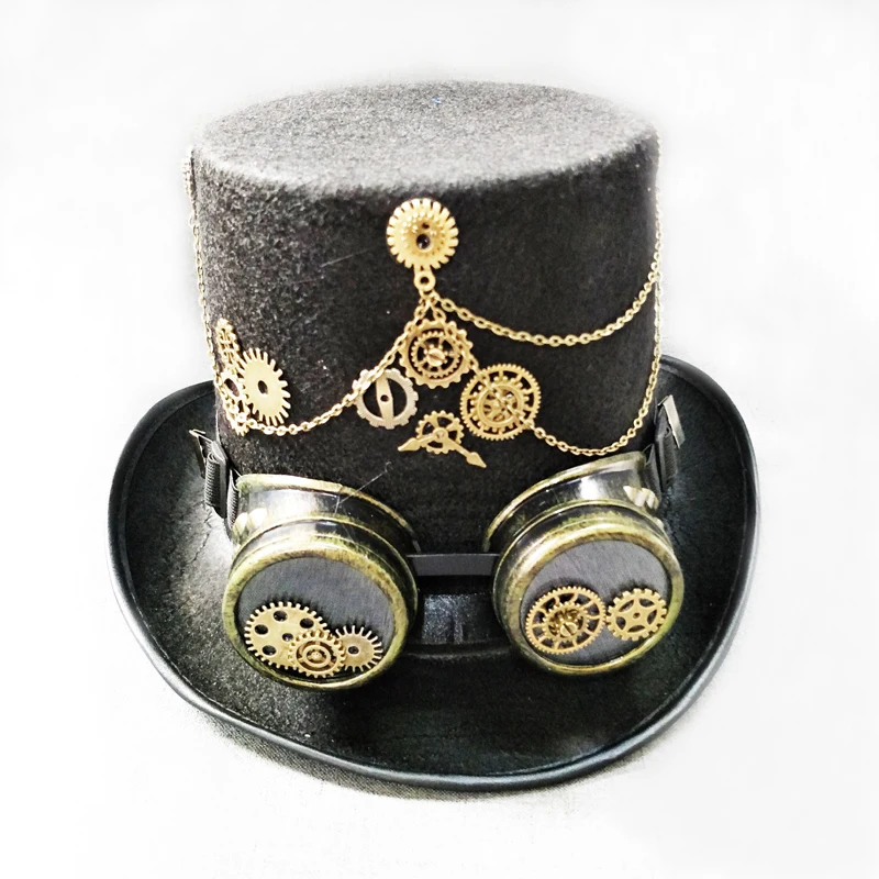 Steampunk Gothic Fedora Hat With Depatchable Retro Glasses Punk Gears Chains Gentleman Top Hat Fashion Show Steampunk Gothic Fedora Hat With Depatchable Retro Glasses Punk Gears Chains Gentleman Top Hat Fashion Show
