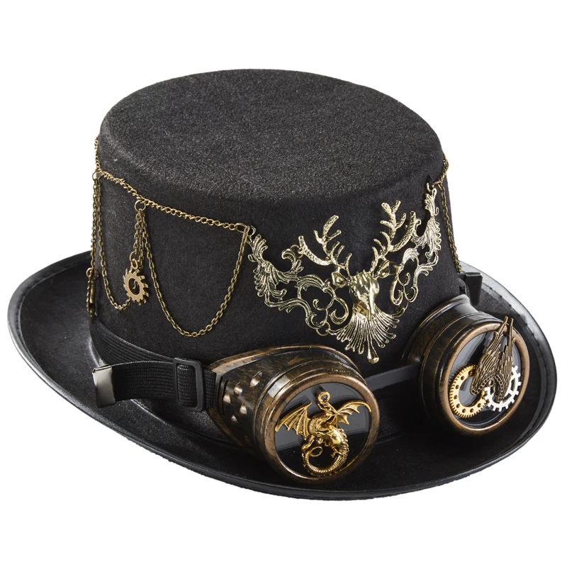 Steampunk Hat Elk Gears Chain Top Hat Vintage Halloween Deer Head Fedora Costume Party Goggles Hats Steampunk Hat Elk Gears Chain Top Hat Vintage Halloween Deer Head Fedora Costume Party Goggles Hats