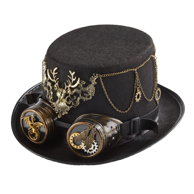 Steampunk Hat Elk Gears Chain Top Hat Vintage Halloween Deer Head Fedora Costume Party Goggles Hats Steampunk Hat Elk Gears Chain Top Hat Vintage Halloween Deer Head Fedora Costume Party Goggles Hats