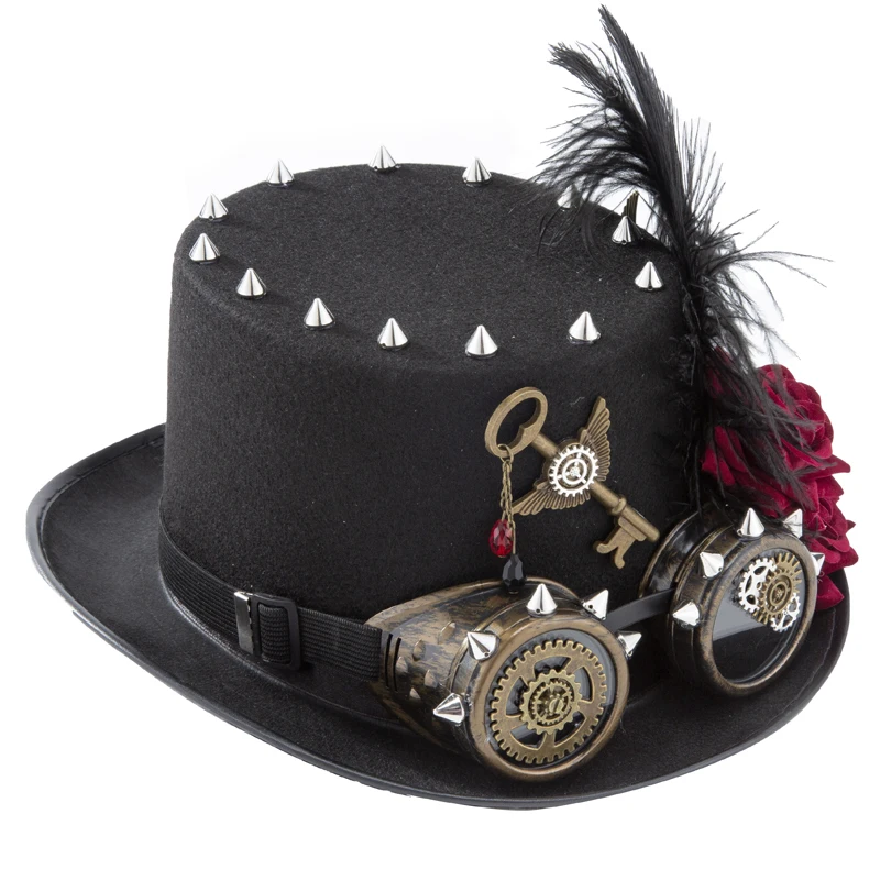 Steampunk Hat Gothic Gears Key Roses Feather Headwear Retro Rivets Black Fedoras Cosplay Anime Top Hat Steampunk Hat Gothic Gears Key Roses Feather Headwear Retro Rivets Black Fedoras Cosplay Anime Top Hat