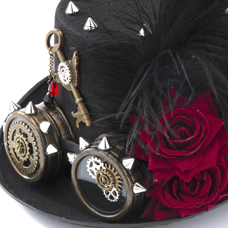 Steampunk Hat Gothic Gears Key Roses Feather Headwear Retro Rivets Black Fedoras Cosplay Anime Top Hat Steampunk Hat Gothic Gears Key Roses Feather Headwear Retro Rivets Black Fedoras Cosplay Anime Top Hat