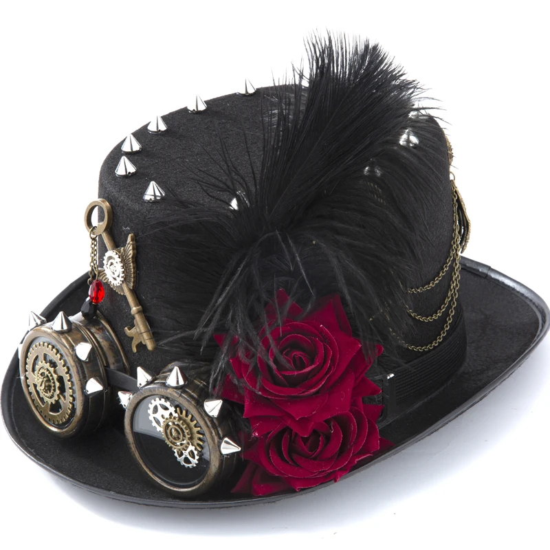 Steampunk Hat Gothic Gears Key Roses Feather Headwear Retro Rivets Black Fedoras Cosplay Anime Top Hat Steampunk Hat Gothic Gears Key Roses Feather Headwear Retro Rivets Black Fedoras Cosplay Anime Top Hat