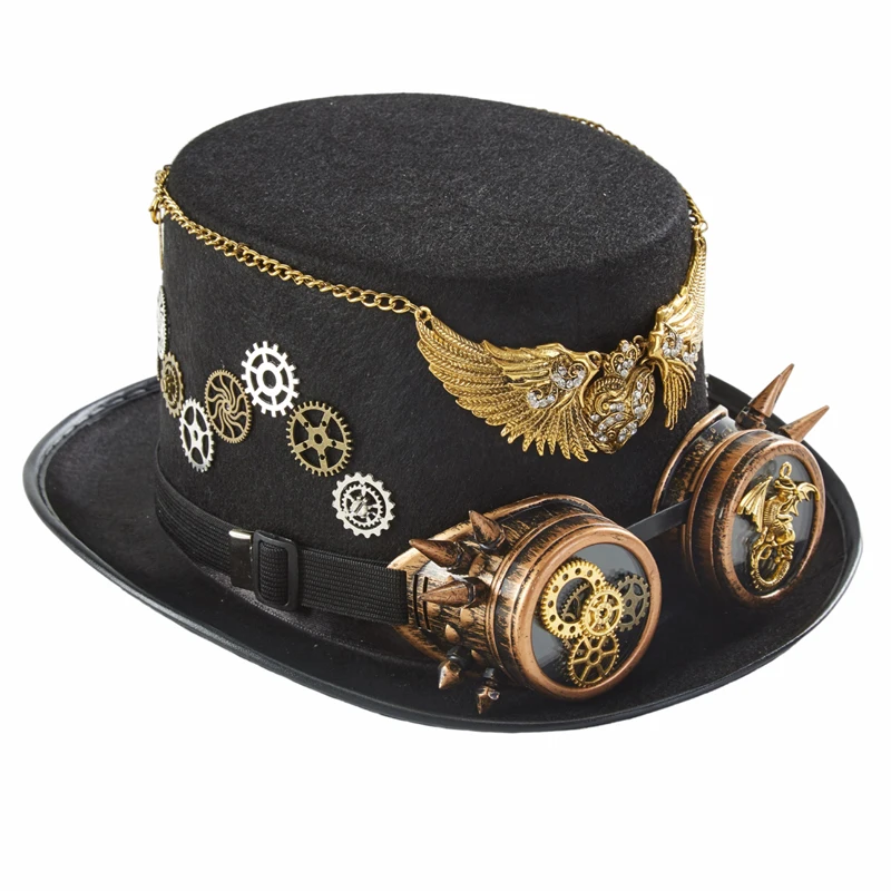 Steampunk Hat With Goggles Gothic Antique Gold Color Wings Heart Top Hat Baroque Dragon Gears Hat Halloween Party Decors Steampunk Hat With Goggles Gothic Antique Gold Color Wings Heart Top Hat Baroque Dragon Gears Hat Halloween Party Decors