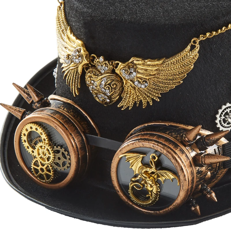 Steampunk Hat With Goggles Gothic Antique Gold Color Wings Heart Top Hat Baroque Dragon Gears Hat Halloween Party Decors Steampunk Hat With Goggles Gothic Antique Gold Color Wings Heart Top Hat Baroque Dragon Gears Hat Halloween Party Decors