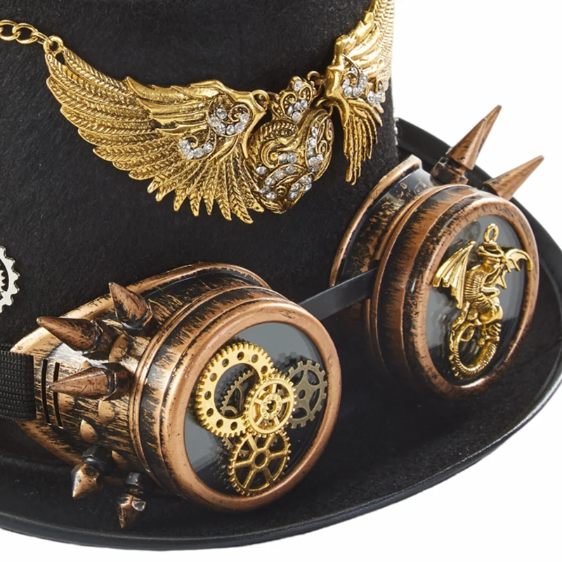 Steampunk Hat With Goggles Gothic Antique Gold Color Wings Heart Top Hat Baroque Dragon Gears Hat Halloween Party Decors Steampunk Hat With Goggles Gothic Antique Gold Color Wings Heart Top Hat Baroque Dragon Gears Hat Halloween Party Decors