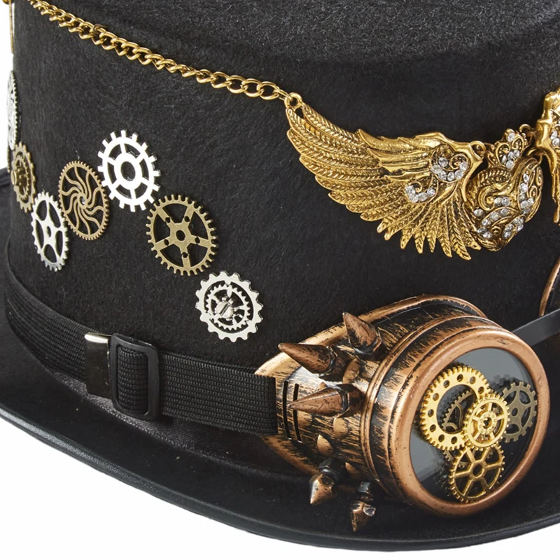 Steampunk Hat With Goggles Gothic Antique Gold Color Wings Heart Top Hat Baroque Dragon Gears Hat Halloween Party Decors Steampunk Hat With Goggles Gothic Antique Gold Color Wings Heart Top Hat Baroque Dragon Gears Hat Halloween Party Decors