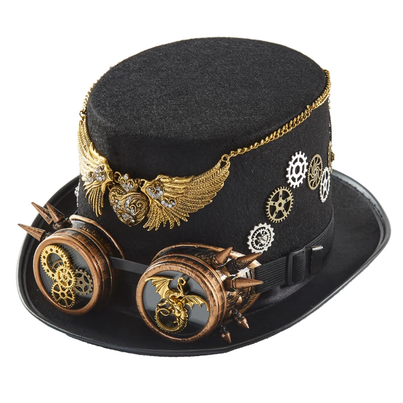Steampunk Hat With Goggles Gothic Antique Gold Color Wings Heart Top Hat Baroque Dragon Gears Hat Halloween Party Decors Steampunk Hat With Goggles Gothic Antique Gold Color Wings Heart Top Hat Baroque Dragon Gears Hat Halloween Party Decors