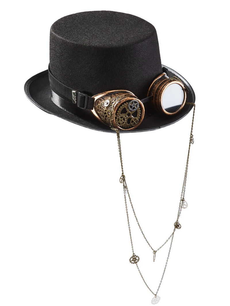 Steampunk Hat With Goggles Gothic Gears Chain Black Top Hat Men Women Black Fedora Cosplay Anime Head Wear Steampunk Hat With Goggles Gothic Gears Chain Black Top Hat Men Women Black Fedora Cosplay Anime Head Wear