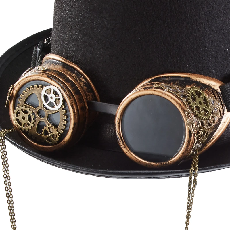 Steampunk Hat With Goggles Gothic Gears Chain Black Top Hat Men Women Black Fedora Cosplay Anime Head Wear Steampunk Hat With Goggles Gothic Gears Chain Black Top Hat Men Women Black Fedora Cosplay Anime Head Wear